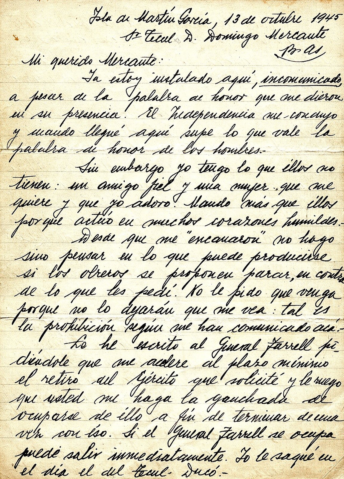 Carta de Perón a Mercante